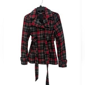 Jou Jou Double Breasted Peacoat Belt Plaid Woman's XS Red Black White